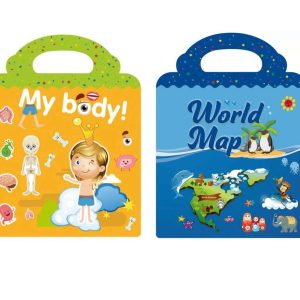 SmartStickers, set de 2 cărți educaționale cu imagini și stickere autocolante (părți ale corpului și harta lumii)