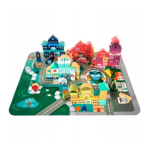 BlockCity, un set de blocuri în diferite forme cu o cutie practică și un covoraș de joacă